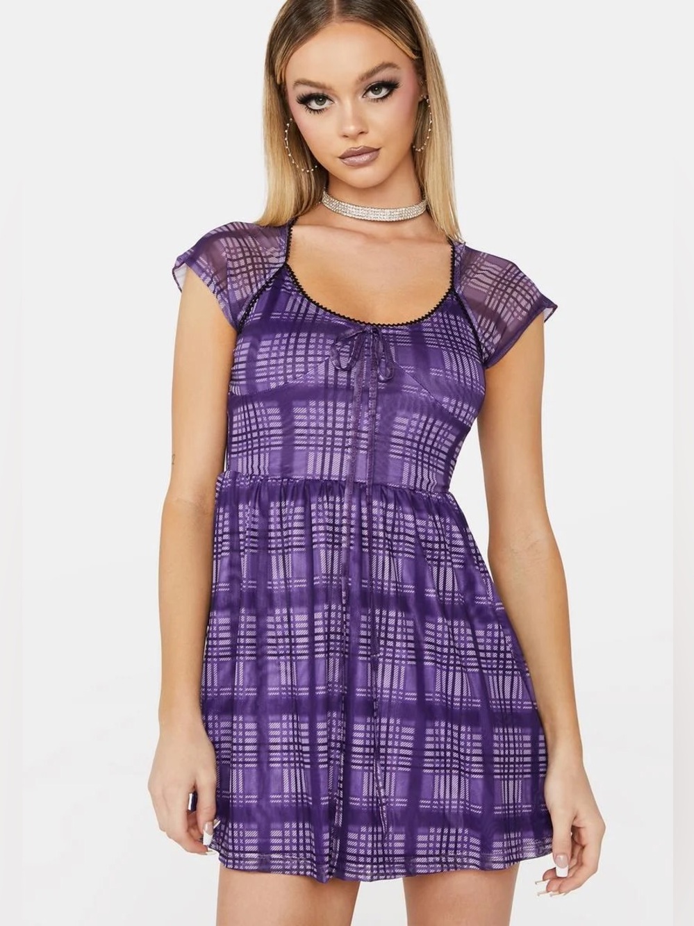 Dolls Kill Halfheart Dream Maker Purple Plaid Mesh Babydoll Mini Dress Size Smal